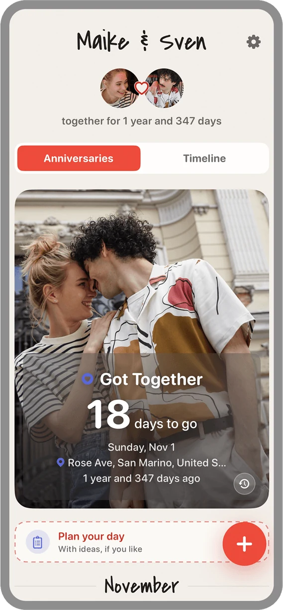 Home screen with a large countdown to the next anniversary