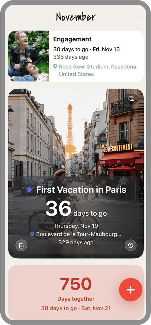 Upcoming anniversaries: one tile is expanded, below it the milestone “750 days together”