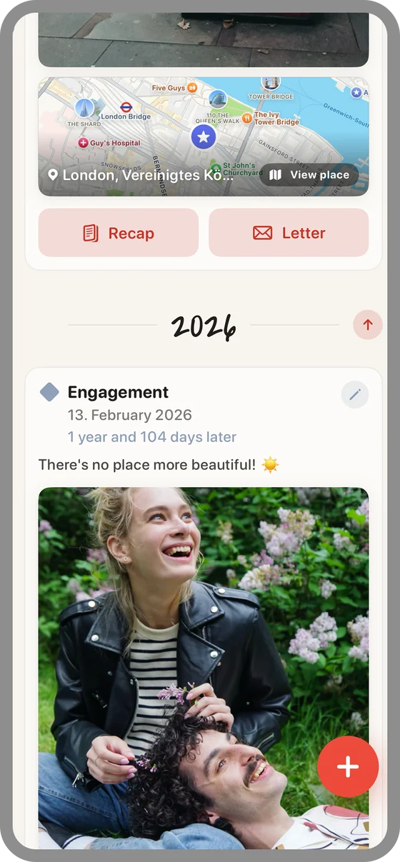 Timeline with photo, map and buttons for recap and letter