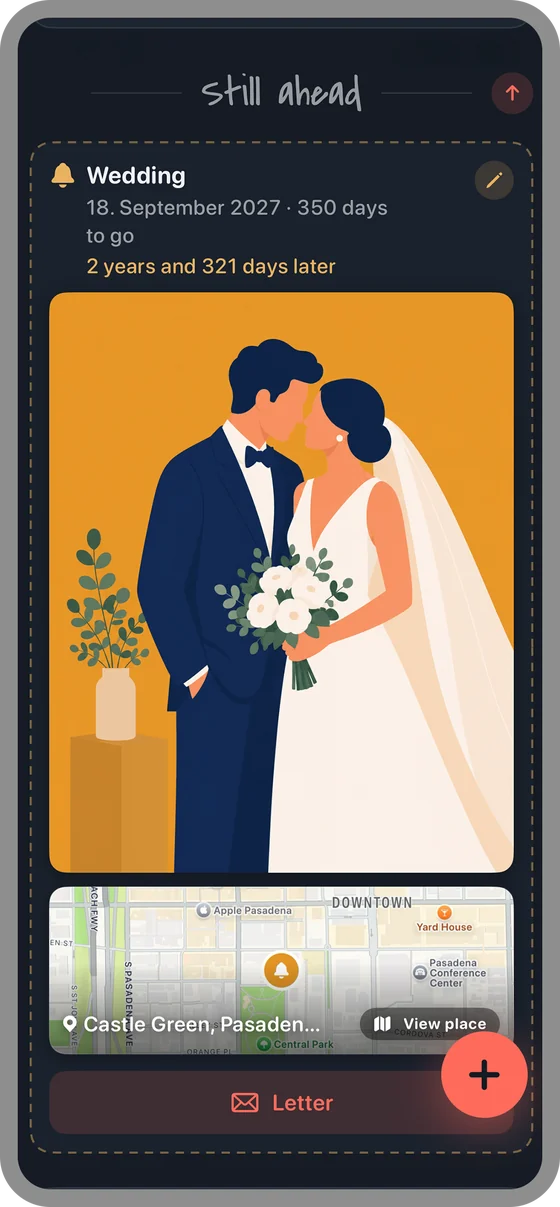 A planned wedding anniversary with a map and a button for a letter for later