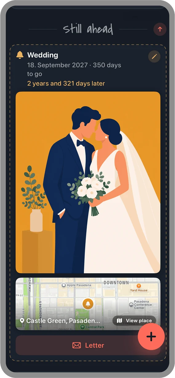 A planned anniversary with the button for a letter for later, in the Midnight theme