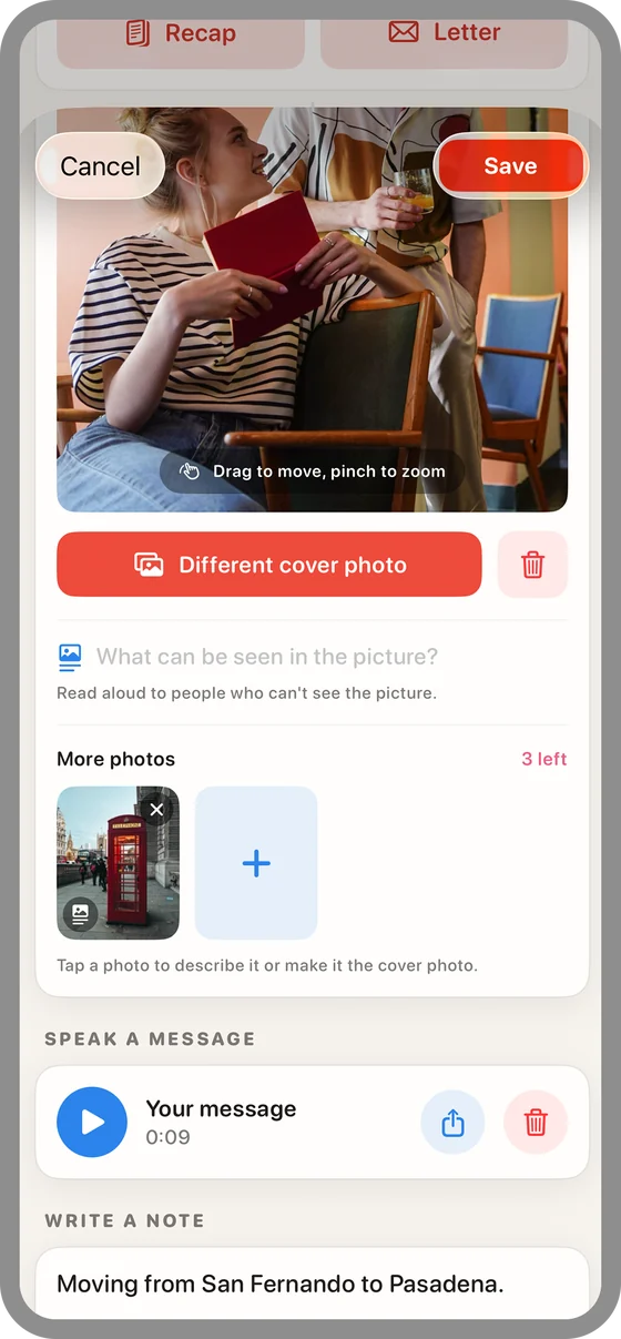 Editing an anniversary: cover photo, more photos and a voice message