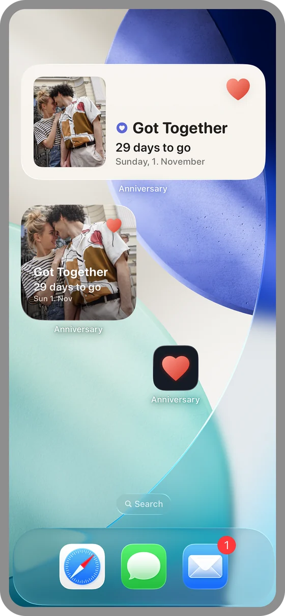 Two widgets and the app icon on the home screen