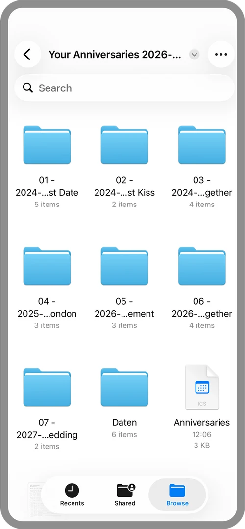 Backup in the Files app: one folder per anniversary, plus the “Daten” folder