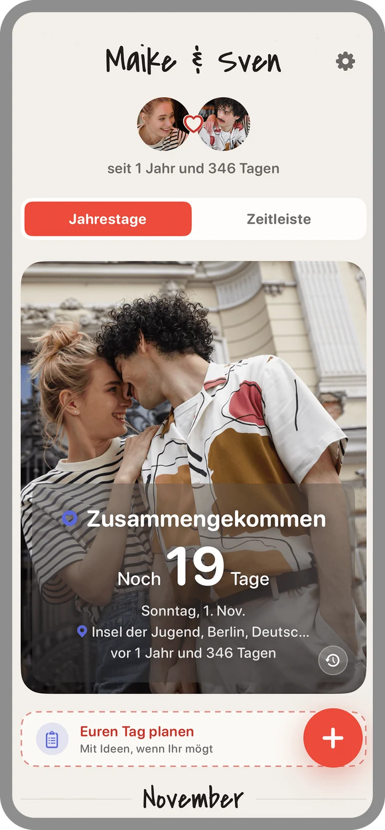Startseite mit dem Countdown bis zum nächsten Jahrestag und dem Kärtchen „Euren Tag planen“