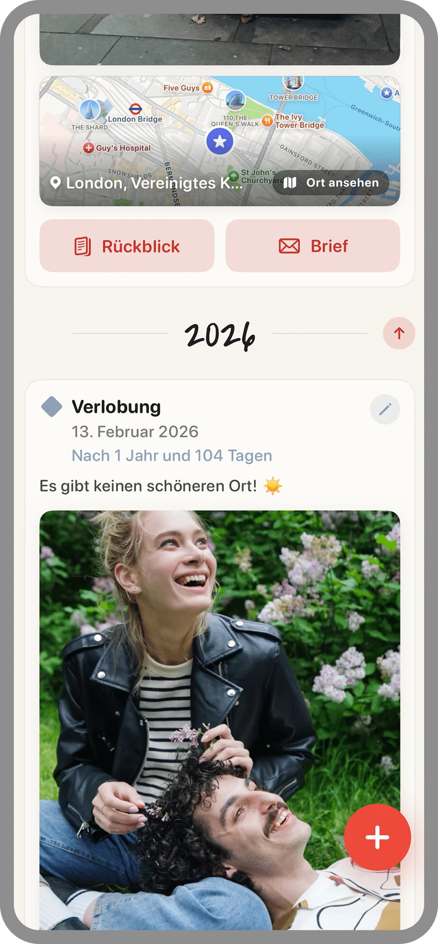 Zeitleiste mit Karte und den Knöpfen für Rückblick und Brief