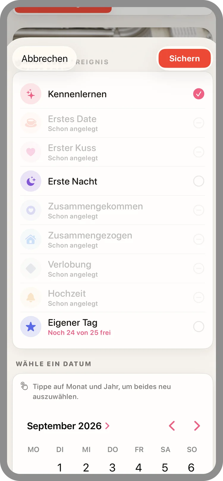 Auswahl der Ereignisart – vom Kennenlernen bis zur Hochzeit oder ein eigener Tag – und des Datums