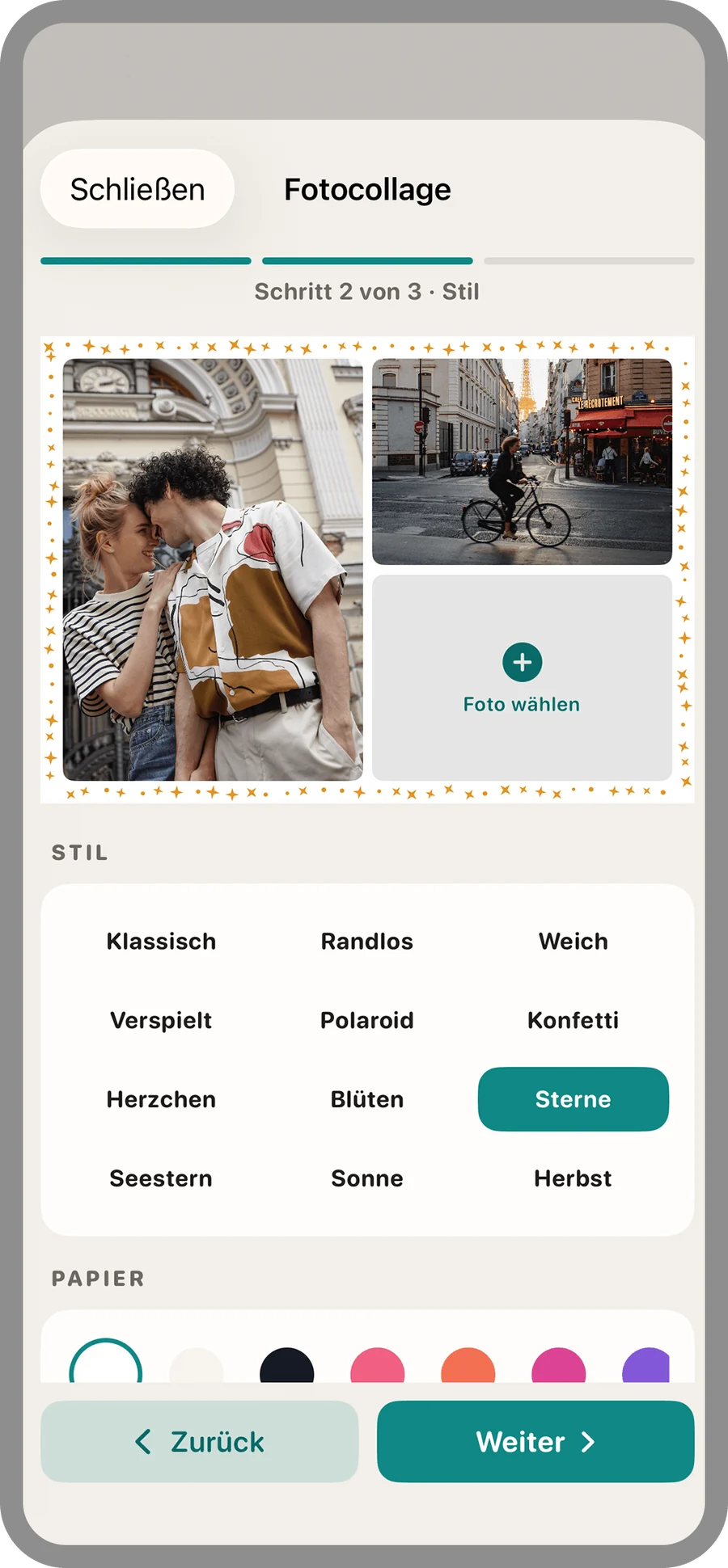 Fotocollage gestalten: zwölf Stile und die Papierfarbe zur Auswahl